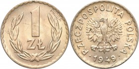 PRL. PROBA / PATTERN Copper-Nickel 1 zloty 1949 
Na rewersie wklęsły napis PRÓBA. Nakład nieznany. Bardzo rzadka moneta próbna.Menniczy egzemplarz. M...