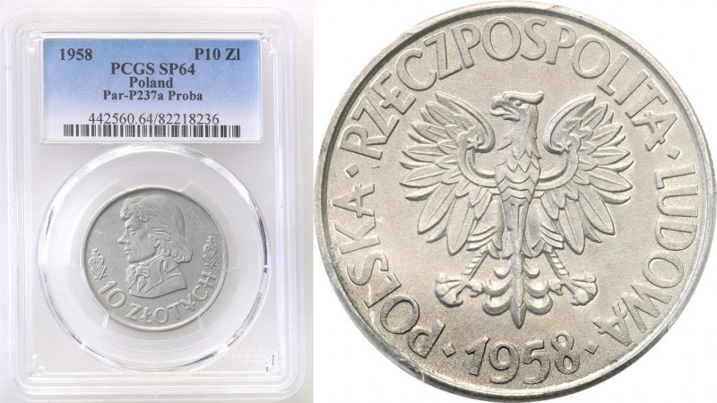 PRL. PROBA / PATTERN aluminum 10 zlotych 1958 Kościuszko PCGS SP64 (MAX) 
Najwy...