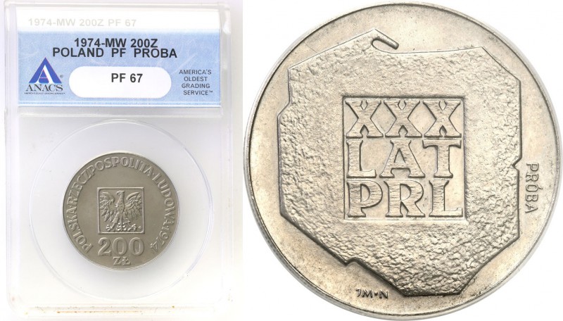 PRL. PROBA / PATTERN Nickel 200 zlotych 1974 ANACS PF67 
Menniczy egzemplarz. M...