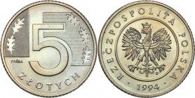 III RP. PROBA / PATTERN Nickel 5 zlotych 1994 
Piękny egzemplarzFischer P 449
Waga/Weight: 6,93 g Ni Metal: Średnica/diameter: 
Stan zachowania/con...