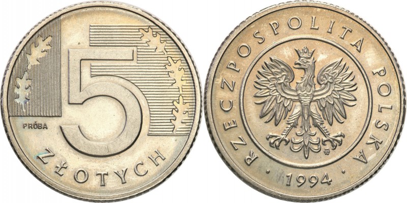 III RP. PROBA / PATTERN Nickel 5 zlotych 1994 
Piękny egzemplarz, kilka drobnyc...