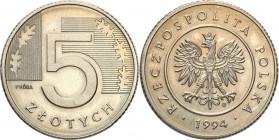 III RP. PROBA / PATTERN Nickel 5 zlotych 1994 
Piękny egzemplarz, kilka drobnych rysek.Fischer P 449
Waga/Weight: 7.04 g Ni Metal: Średnica/diameter...