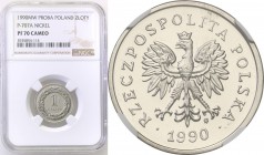 III RP. PROBA / PATTERN Nickel 1 zloty 1990 NGC PF70 CAMEO (MAX) 
Najwyższa nota gradingowa na świecie.Idealnie zachowana moneta.Fischer P 441
Waga/...
