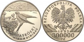 III RP. PROBA / PATTERN Nickel 300.000 zlotych 1993 Jaskółki 
Piękny egzemplarz, poszukiwana moneta.Fischer P 429
Waga/Weight: 24.93 g Ni Metal: Śre...