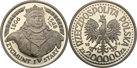 III RP. PROBA / PATTERN Nickel 200.000 zlotych 1994 Zygmunt I Stary 
Piękny egzemplarz.Fischer P 424
Waga/Weight: 16.32 g Ni Metal: Średnica/diamete...