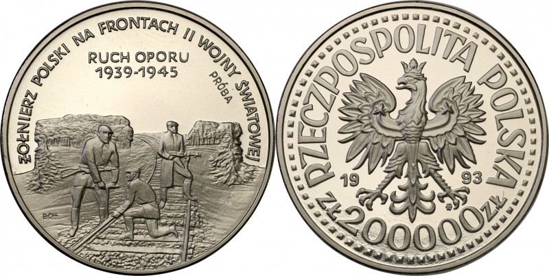 III RP. PROBA / PATTERN Nickel 200.000 zlotych 1993 Ruch Oporu 
Piękny egzempla...