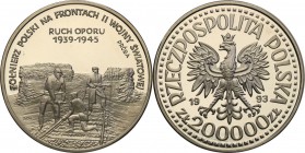 III RP. PROBA / PATTERN Nickel 200.000 zlotych 1993 Ruch Oporu 
Piękny egzemplarz.Fischer P 419
Waga/Weight: 16.46 g Ni Metal: Średnica/diameter: 
...