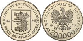 III RP. PROBA / PATTERN Nickel 200.000 zlotych 1993 Szczecin 
Piękny egzemplarz.Fischer P 418
Waga/Weight: 16.28 g Ni Metal: Średnica/diameter: 
St...