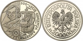 III RP. PROBA / PATTERN Nickel 200.000 zlotych 1992 Odkrycie Ameryki 
Piękny egzemplarz.Fischer P 413
Waga/Weight: 24.08 g Ni Metal: Średnica/diamet...