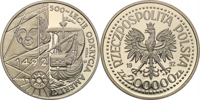 III RP. PROBA / PATTERN Nickel 200.000 zlotych 1992 Odkrycie Ameryki 
Piękny eg...