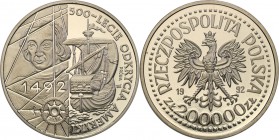 III RP. PROBA / PATTERN Nickel 200.000 zlotych 1992 Odkrycie Ameryki 
Piękny egzemplarz.Fischer P 413
Waga/Weight: 24.58 g Ni Metal: Średnica/diamet...