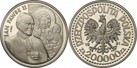 III RP. PROBA / PATTERN Nickel 200.000 zlotych 1991 John Paul II 
Piękny egzemplarz, poszukiwana moneta.Fischer P 411
Waga/Weight: 15.30 g Ni Metal:...