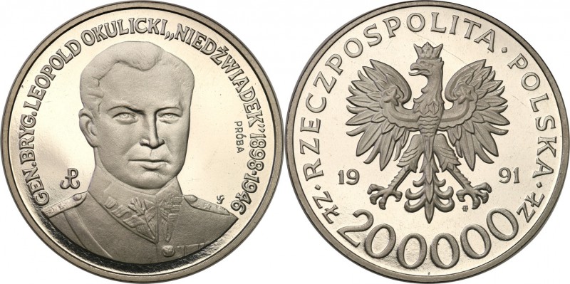 III RP. PROBA / PATTERN Nickel 200.000 zlotych 1991 Okulicki 
Piękny egzemplarz...