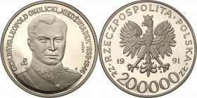III RP. PROBA / PATTERN Nickel 200.000 zlotych 1991 Okulicki 
Piękny egzemplarz.Fischer P 408
Waga/Weight: 18.88 g Ni Metal: Średnica/diameter: 
St...