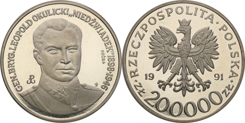 III RP. PROBA / PATTERN Nickel 200.000 zlotych 1991 Okulicki 
Piękny egzemplarz...