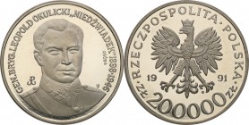 III RP. PROBA / PATTERN Nickel 200.000 zlotych 1991 Okulicki 
Piękny egzemplarz.Fischer P 408
Waga/Weight: 18.96 g Ni Metal: Średnica/diameter: 
St...