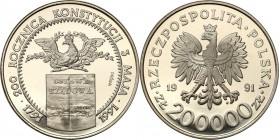 III RP. PROBA / PATTERN Nickel 200.000 zlotych 1991 Konstytucja 
Piękny egzemplarz.Fischer P 403
Waga/Weight: 24.52 g Ni Metal: Średnica/diameter: ...
