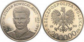 III RP. PROBA / PATTERN Nickel 200.000 zlotych 1990 Rowecki Grot 
Piękny egzemplarz, ryski.Fischer P 401
Waga/Weight: 18.70 g Ni Metal: Średnica/dia...