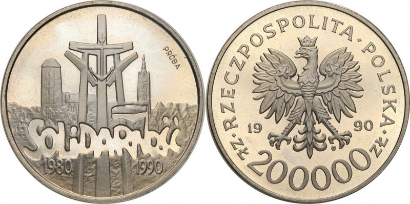 III RP. PROBA / PATTERN Nickel 200.000 zlotych 1990 Solidarność 
Piękny egzempl...