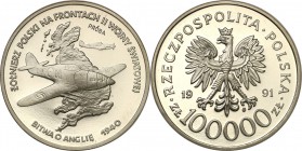 III RP. PROBA / PATTERN Nickel 100.000 zlotych 1991 Bitwa o Anglię 
Piękny egzemplarz.Fischer P 396
Waga/Weight: 15.94 g Ni Metal: Średnica/diameter...