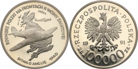 III RP. PROBA / PATTERN Nickel 100.000 zlotych 1991 Bitwa o Anglię 
Piękny egzemplarz.Fischer P 396
Waga/Weight: 15.85 g Ni Metal: Średnica/diameter...