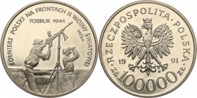 III RP. PROBA / PATTERN Nickel 100.000 zlotych 1991 Tobruk 
Piękny egzemplarz.Fischer P 395
Waga/Weight: 16.22 g Ni Metal: Średnica/diameter: 
Stan...