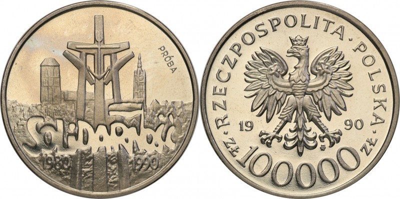 III RP. PROBA / PATTERN Nickel 100.000 zlotych 1990 Solidarność 
Piękny egzempl...