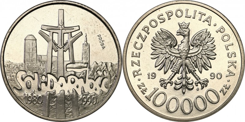 III RP. PROBA / PATTERN Nickel 100.000 zlotych 1990 Solidarność 
Piękny egzempl...