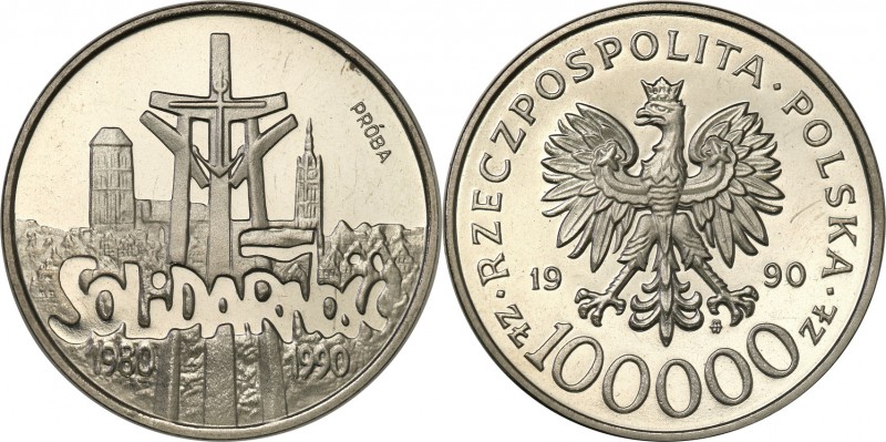 III RP. PROBA / PATTERN Nickel 100.000 zlotych 1990 Solidarność 
Piękny egzempl...