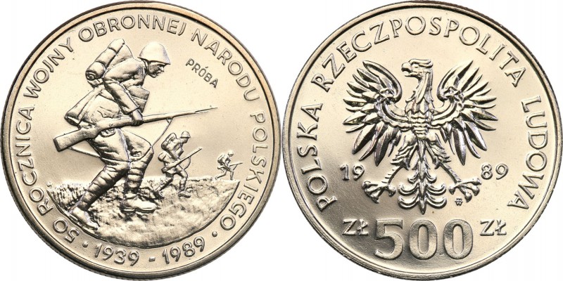 PRL. PROBA / PATTERN Nickel 500 zlotych 1989 Wojna Obronna 
Piękny egzemplarz.F...