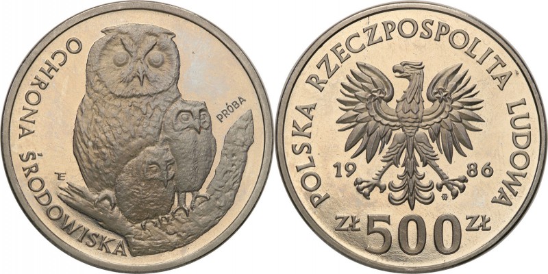 PRL. PROBA / PATTERN Nickel 500 zlotych 1986 Sowy 
Piękny egzemplarz.Fischer P ...