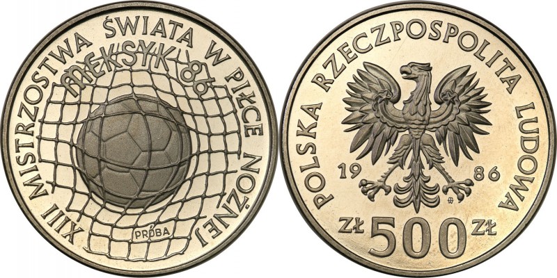 PRL. PROBA / PATTERN Nickel 500 zlotych 1986 MŚ. w piłce nożnej - Meksyk 
Piękn...