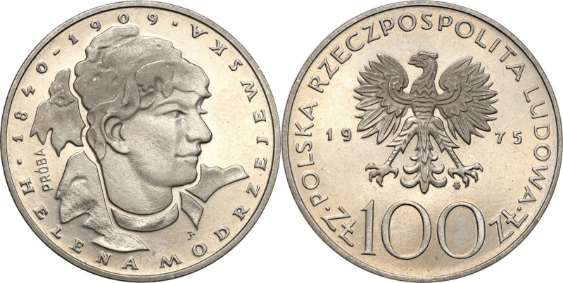 PRL. PROBA / PATTERN Nickel 100 zlotych 1975 Helena Modrzejewska 
Piękny egzemp...