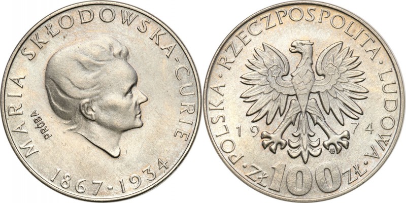 PRL. PROBA / PATTERN Nickel 100 zlotych 1974 Skłodowska 
Piękny egzemplarz.Fisc...