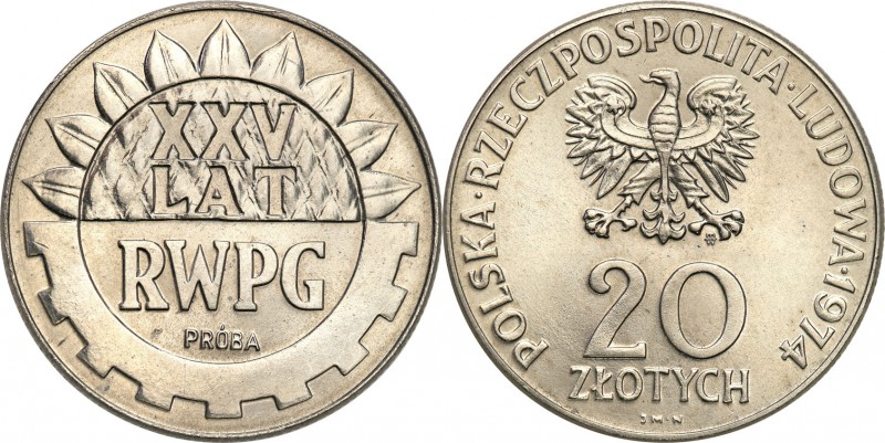 PRL. PROBA / PATTERN Nickel 20 zlotych 1974 XXV lat RWPG 
Piękny egzemplarz.Fis...