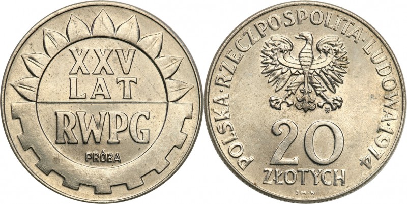 PRL. PROBA / PATTERN Nickel 20 zlotych 1974 XXV lat RWPG 
Piękny egzemplarz.Fis...