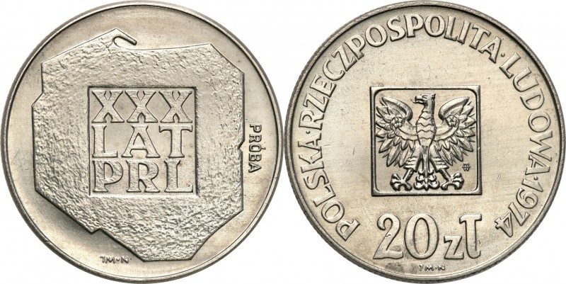 PRL. PROBA / PATTERN Nickel 20 zlotych 1974 XXX lat PRL 
Piękny egzemplarz.Fisc...