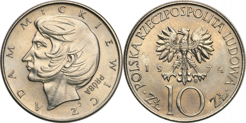 PRL. PROBA / PATTERN Nickel 10 zlotych 1974 Mickiewicz 
Piękny egzemplarz.Fisch...