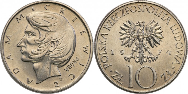 PRL. PROBA / PATTERN Nickel 10 zlotych 1974 Mickiewicz 
Piękny egzemplarz.Fisch...