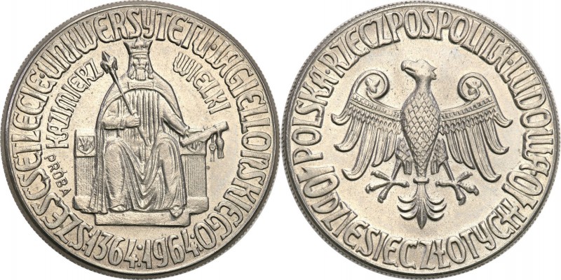 PRL. PROBA / PATTERN Nickel 10 zlotych 1964 Kazimierz Wielki bez korony 
Piękny...