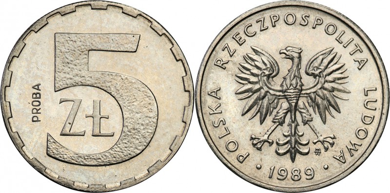 PRL. PROBA / PATTERN Nickel 5 zlotych 1989 
Piękny egzemplarz.Fischer P 082
Wa...