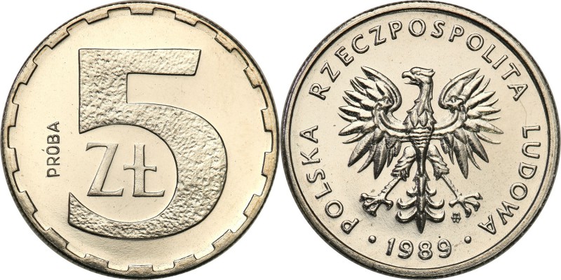 PRL. PROBA / PATTERN Nickel 5 zlotych 1989 
Piękny, menniczy egzemplarz.Fischer...