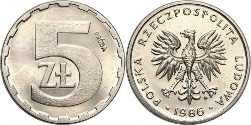 PRL. PROBA / PATTERN Nickel 5 zlotych 1986 
Piękny, menniczy egzemplarz.Fischer...