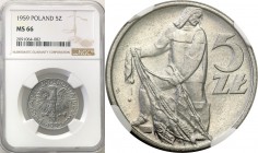 PRL. 5 zlotych 1959 Rybak aluminum NGC MS66 (2 MAX) 
Druga najwyższa nota gradingowa na świecie.Piękny menniczy egzemplarz. Rzadsza moneta w takim st...