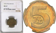 PRL. 5 zlotych 1975 Brass NGC MS67 (MAX) 
Idealnie zachowana moneta. Intensywny połysk menniczy, kolorowa patyna.Najwyższa nota gradingowa na świecie...