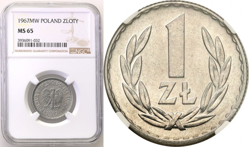 PRL. 1 zloty 1967 aluminum NGC MS65 
Rzadszy rocznik. Menniczy egzemplarz z pię...