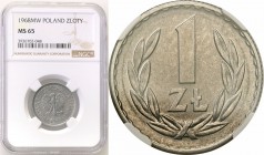 PRL. 1 zloty 1968 aluminum NGC MS65 
Piękny menniczy egzemplarz rzadszego rocznika monety złotowej. Druga najwyższa nota gradingowa.Wspaniale zachowa...