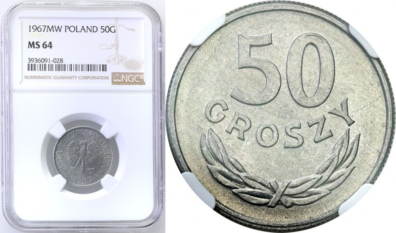 PRL. 50 groszy 1967 NGC MS64 
Rzadki rocznik. Piękny, menniczy egzemplarz, inte...