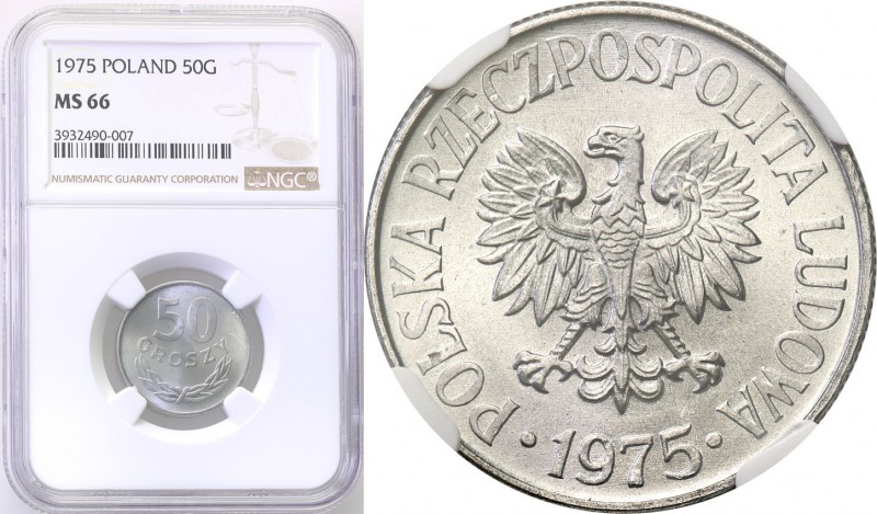 PRL. 50 groszy 1975 aluminum NGC MS66 
Piękny, menniczy egzemplarz. Fischer OB ...