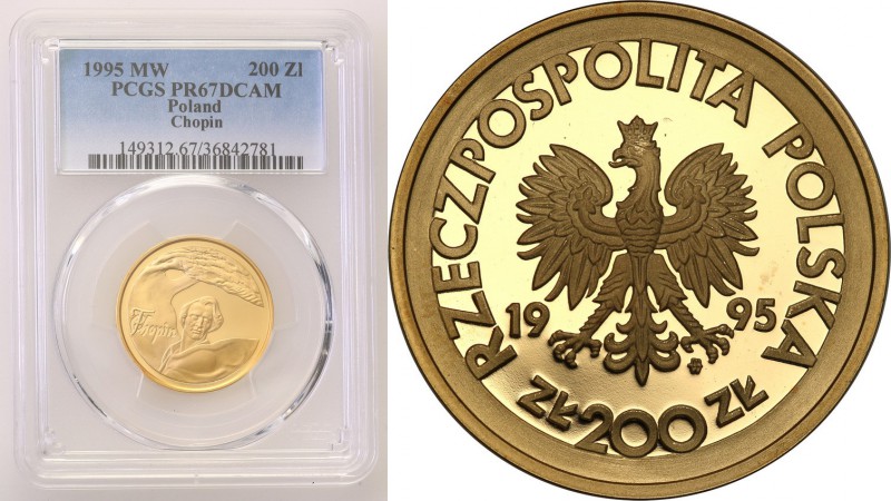 III RP. 200 zlotych 1995 Chopin competition - F. Chopin PCGS PR67 DCAM 
Najrzad...